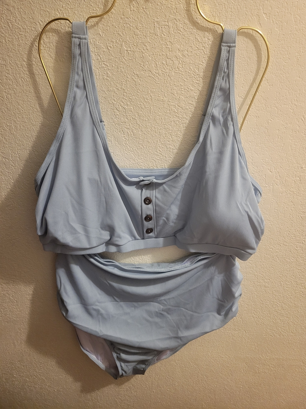 Light Blue Ribbed Tankini Set - Soft Support Swim Top & High Waist Bottom